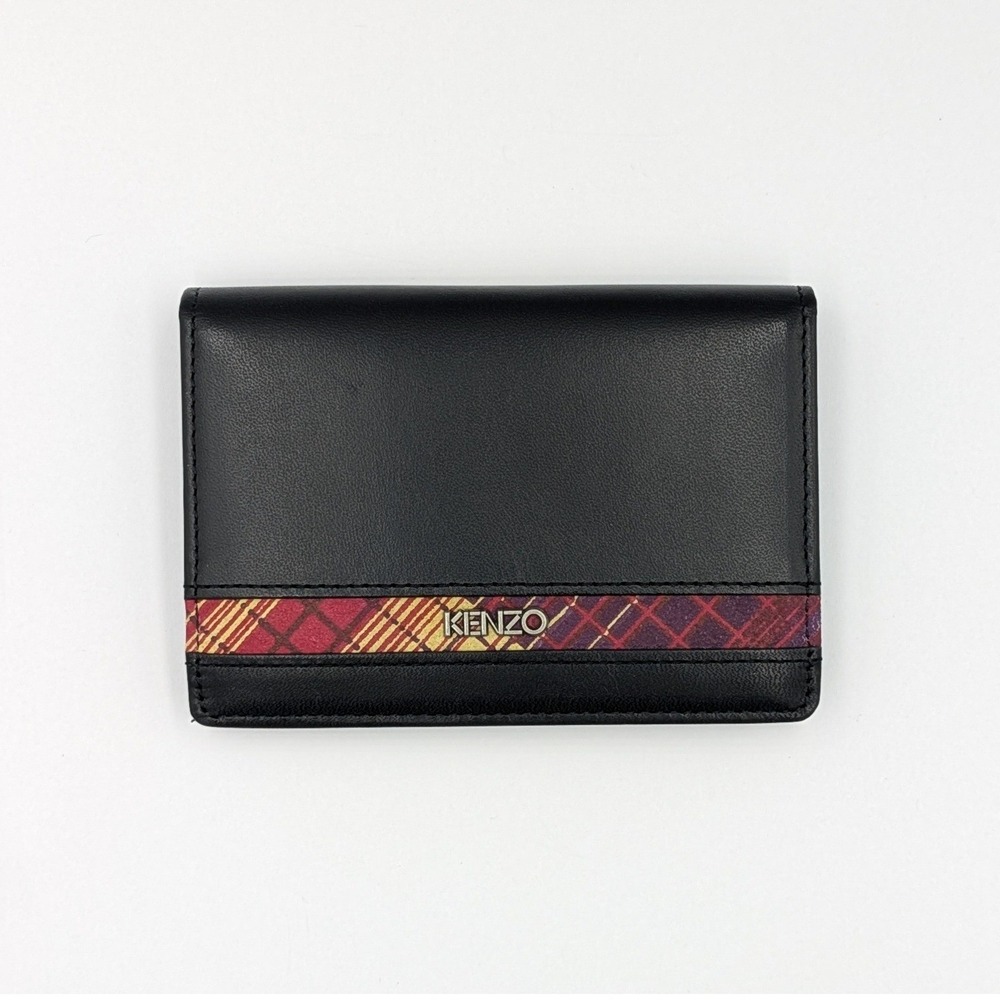 Kenzo Card Holder Wallet Black Leather Plaid Stripe Bifold Wallet ID Window New